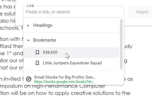 A cursor hovers on the statistic bookmark option within the Link menu. A cursor hovers on the statistic bookmark option within the Link menu.